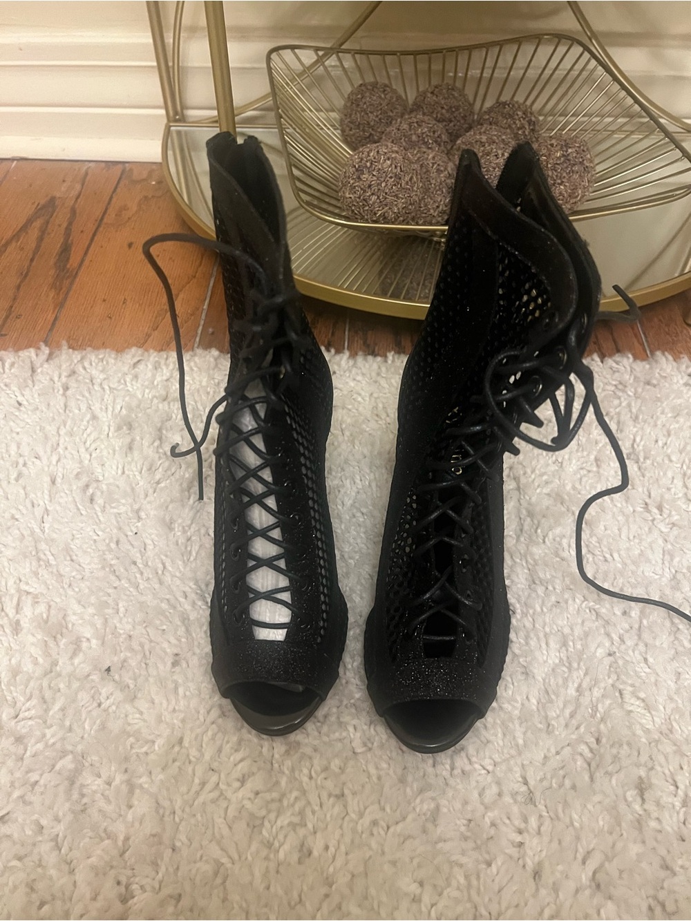 Black Lace-Up Peep-Toe Women's Booties